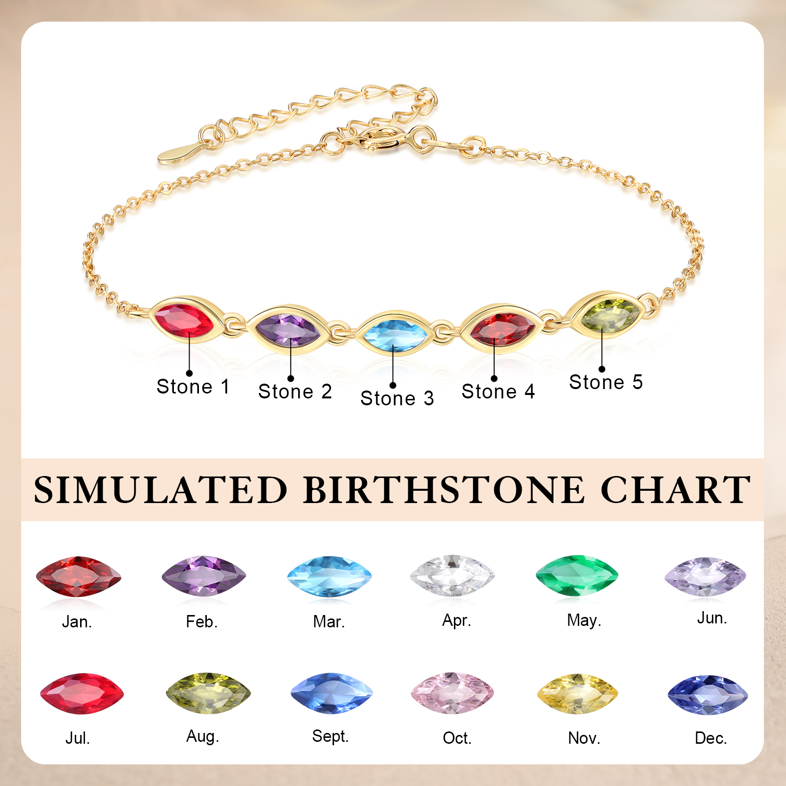 Bracciale personalizzato in argento sterling 925 con 2–5 pietre portafortuna di nascita con taglio marquise