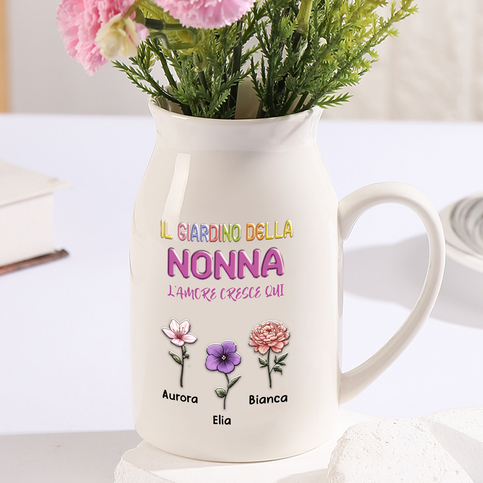 Brocca vaso in ceramica “Il Giardino della Mamma/Nonna” personalizzata con 1-10 nomi e fiori di nascita