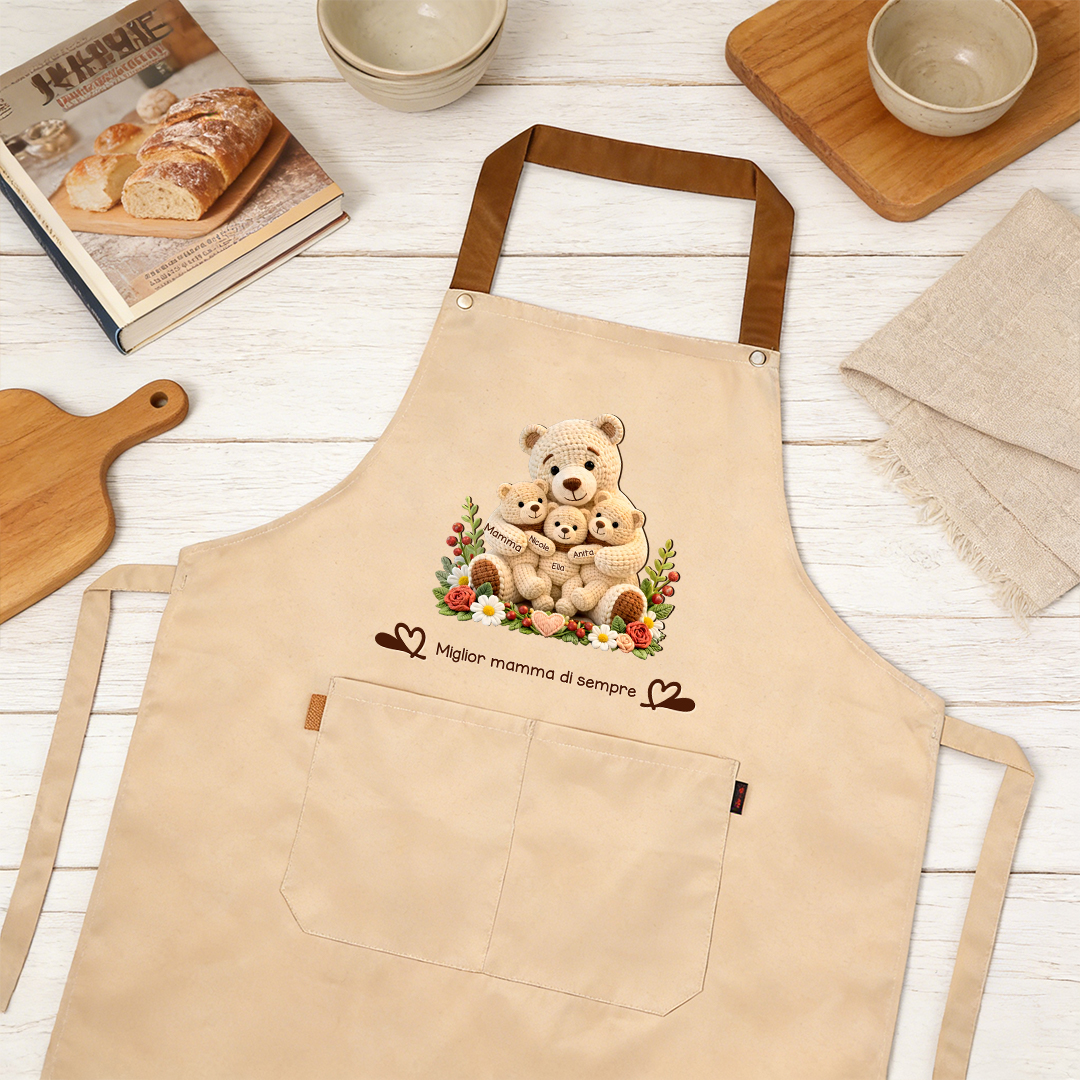 Grembiule da cucina personalizzato con tasca, personalizzabile con 1–10 nomi e orso