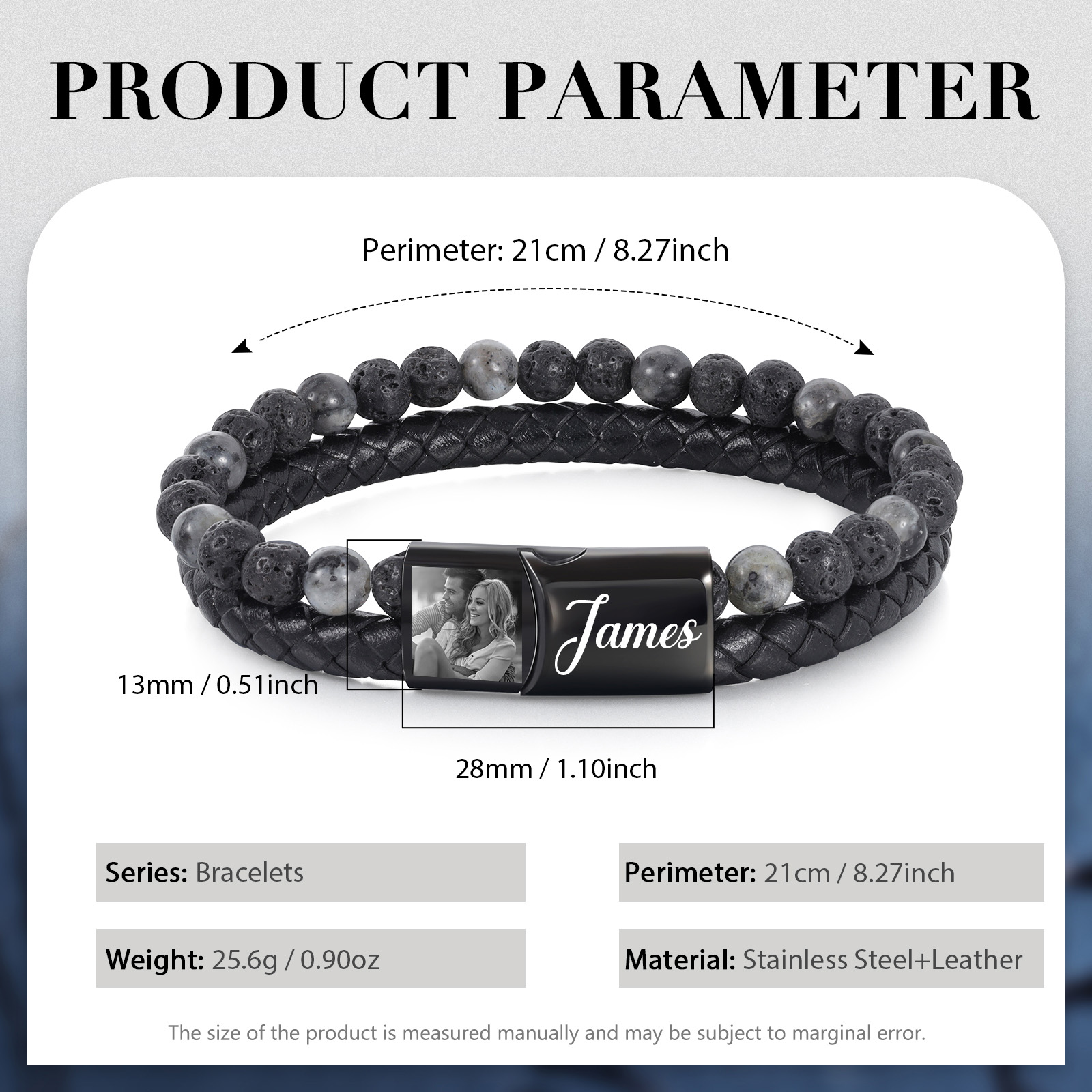 Bracciale personalizzato in lava e pelle con foto e testo a scelta per uomo