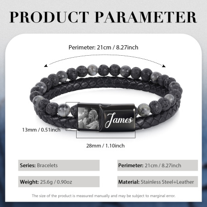Bracciale personalizzato in lava e pelle con foto e testo a scelta per uomo