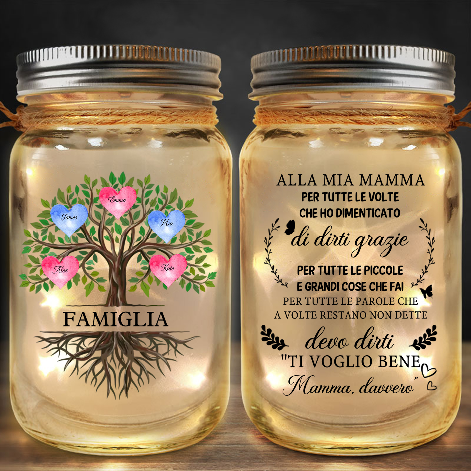 Bottiglia luminosa personalizzata con albero di famiglia, barattolo solare per ringraziare la mamma