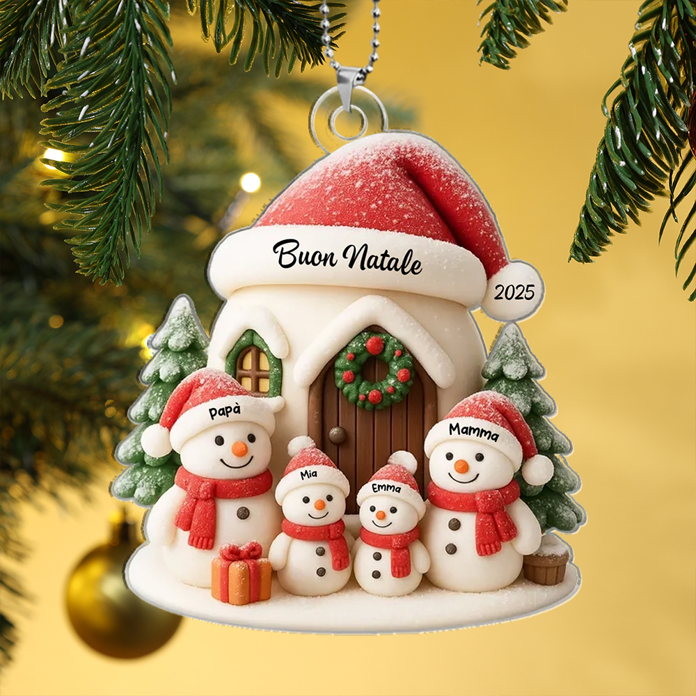 Decorazione per albero di Natale 2025 personalizzata con famiglia di pupazzi di neve