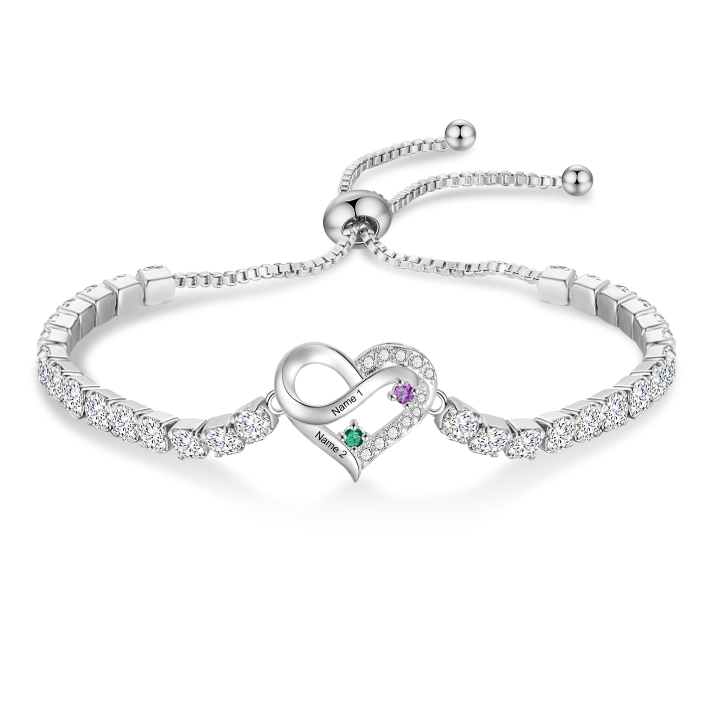 Bracciale da tennis con cuore Infinity personalizzato con 2–4 nomi e pietre di nascita