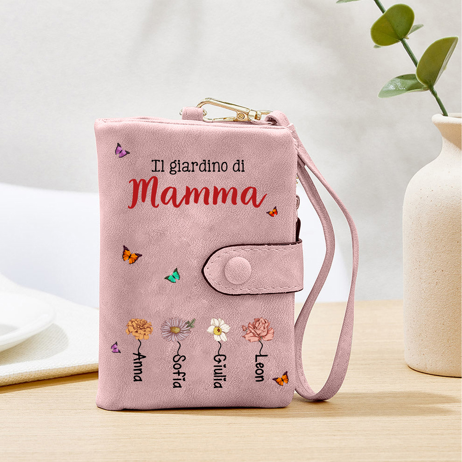 Portafoglio personalizzato “Il giardino di mamma/nonna” con fiori e nomi dei bambini – regalo per la Festa della Mamma/della Nonna