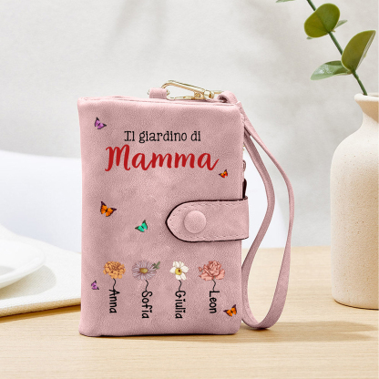 Portafoglio personalizzato “Il giardino di mamma/nonna” con fiori e nomi dei bambini – regalo per la Festa della Mamma/della Nonna