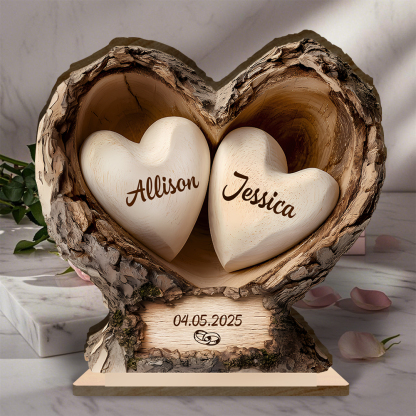 Targa in legno a forma di cuore effetto tronco d’albero personalizzata per coppie