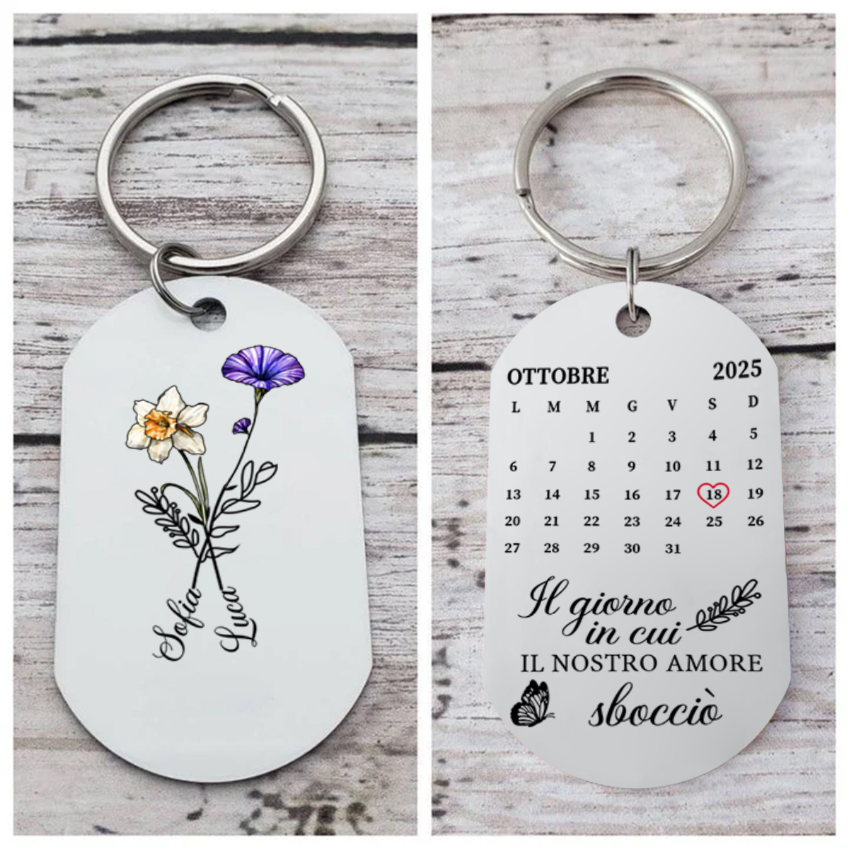 Portachiavi con calendario floreale personalizzato in acciaio inox - Il giorno in cui il nostro amore è sbocciato