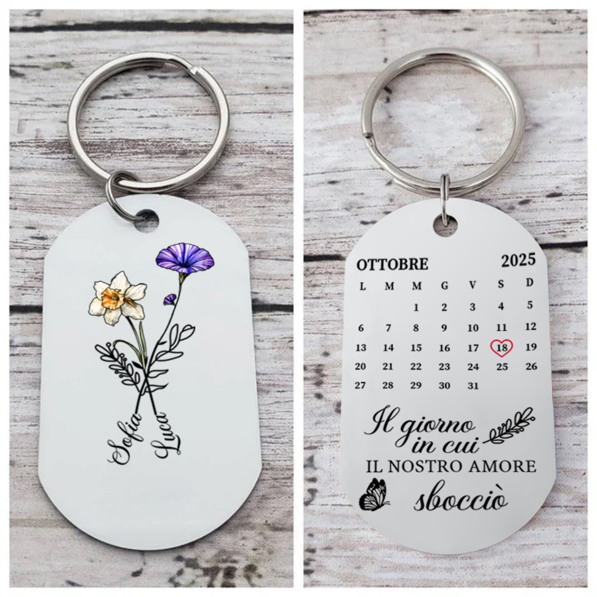 Portachiavi con calendario floreale personalizzato in acciaio inox - Il giorno in cui il nostro amore è sbocciato
