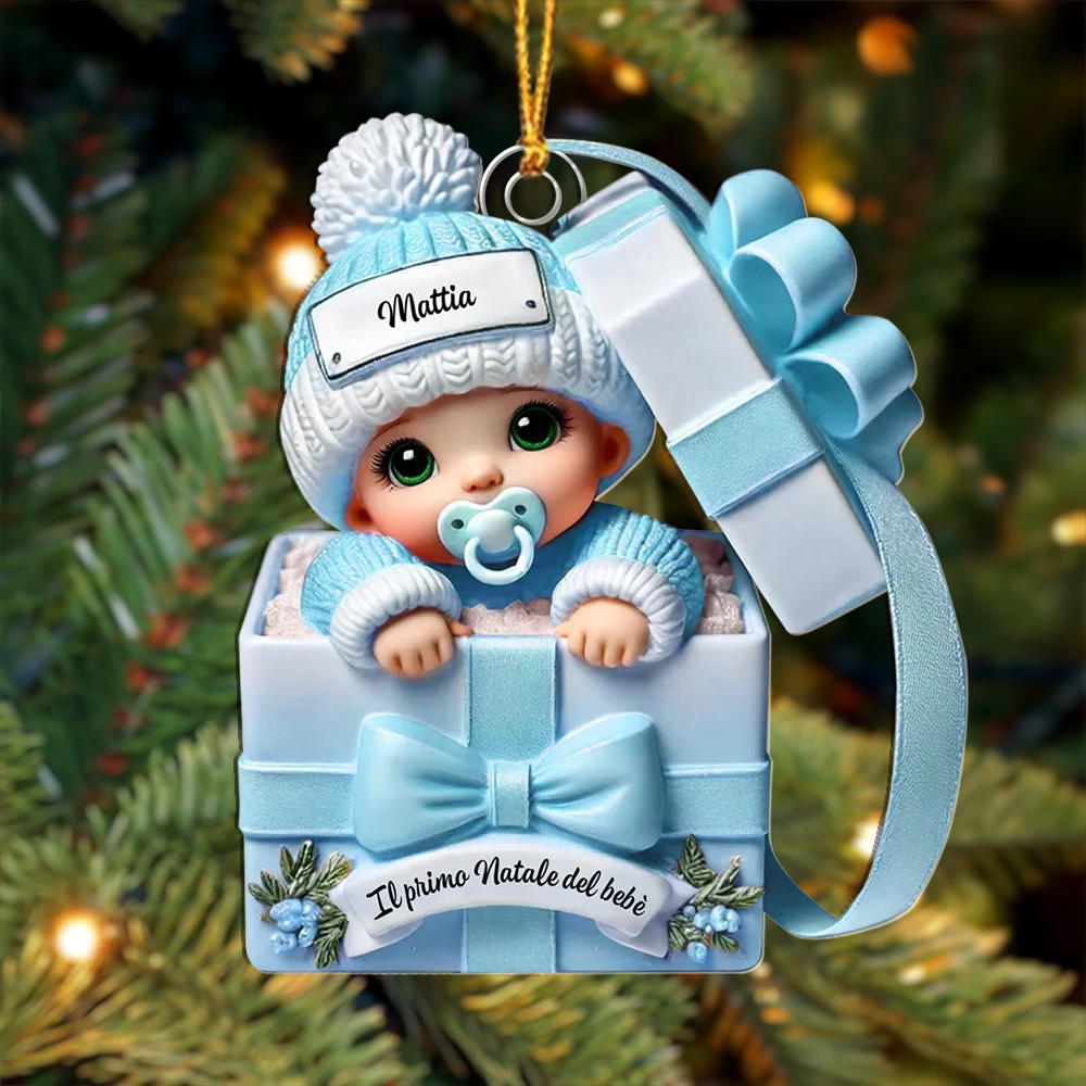 Addobbo personalizzato per l’albero di Natale – bebè nella scatolina regalo per il primo Natale