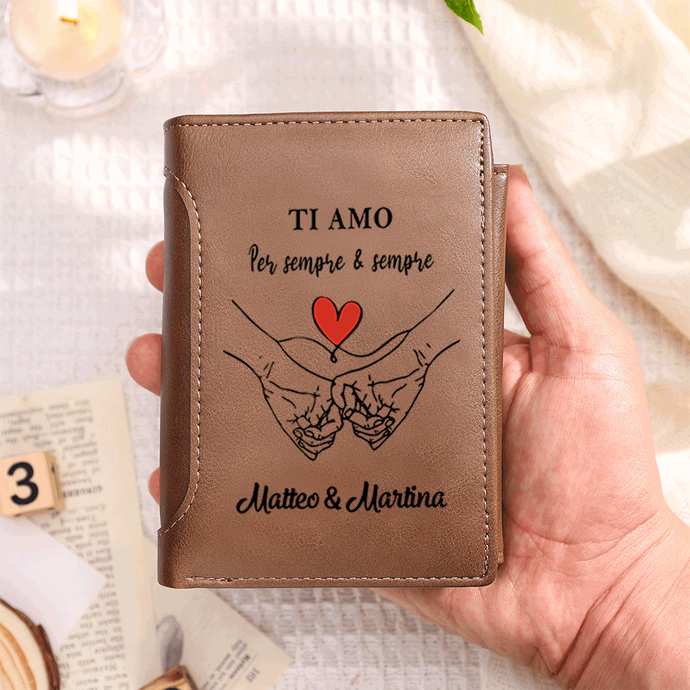 Portafoglio personalizzato in pelle PU con nomi e messaggio Ti amo per sempre e per l’eternità per uomo