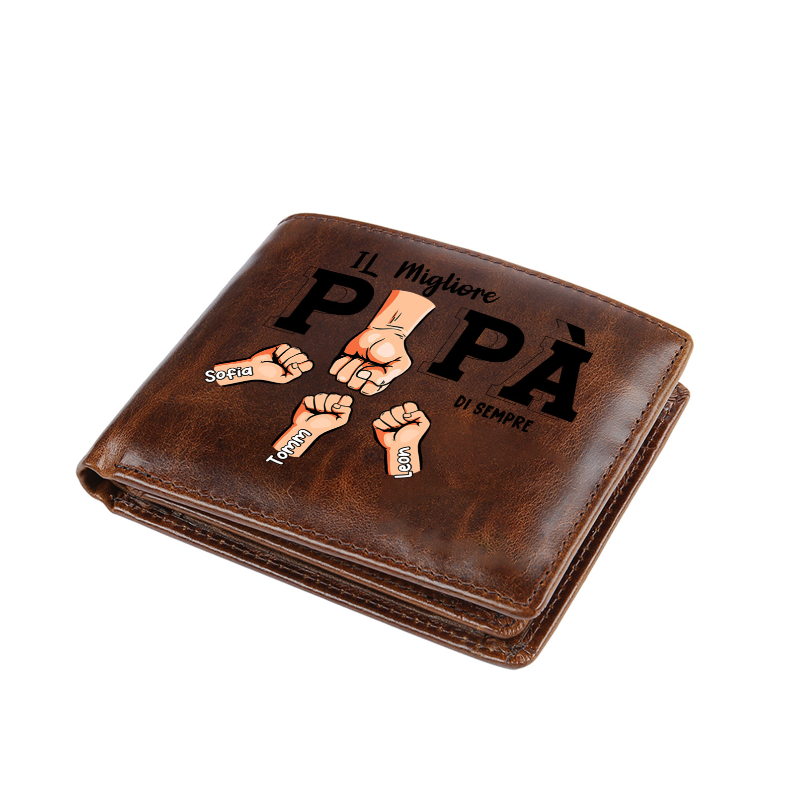 Portafoglio Personalizzato in Vera Pelle con Nomi – Miglior Nonno/Papà del Mondo