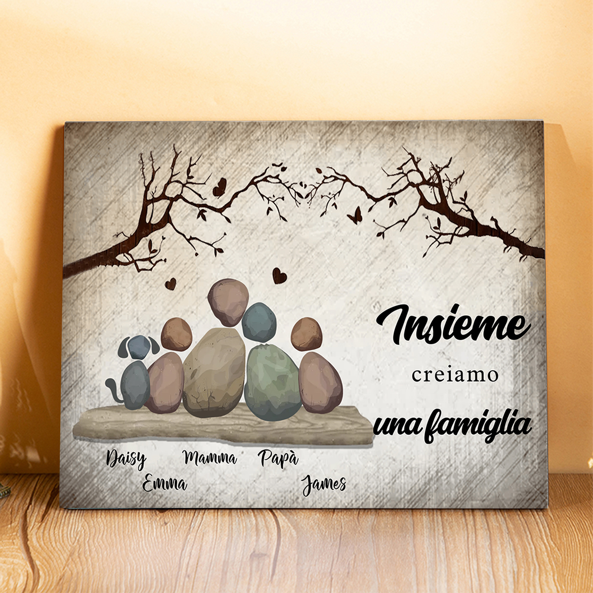 Cornice Personalizzata con Sassi di Legno a Forma di Famiglia, Stampa Decorativa Personalizzata con 2–8 Nomi, Regalo di Natale e Compleanno per Genitori e Nonni | Jessemade