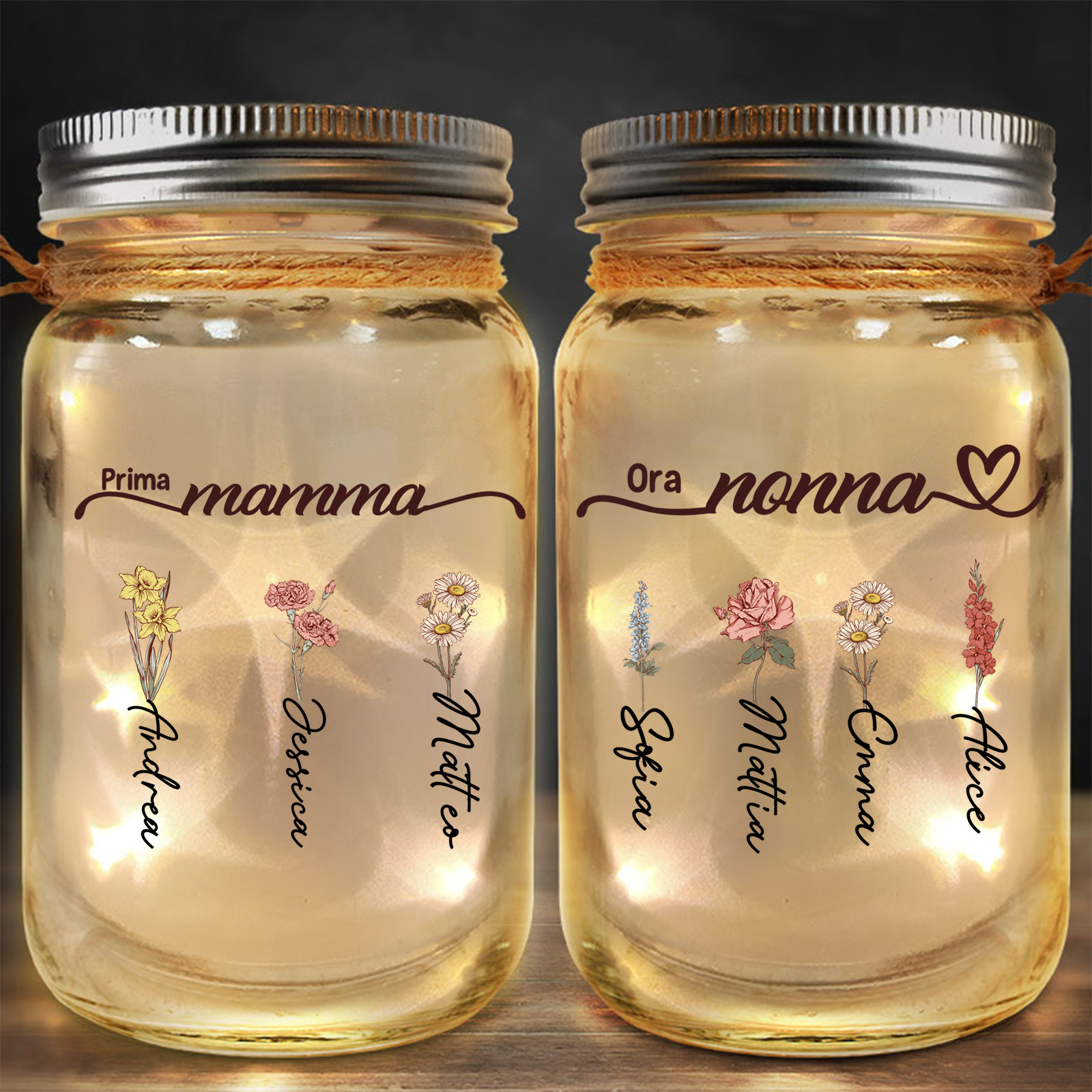 Bottiglia luminosa personalizzata, barattolo luminoso a energia solare con da 2 a 12 fiori di nascita – Prima mamma, ora nonna
