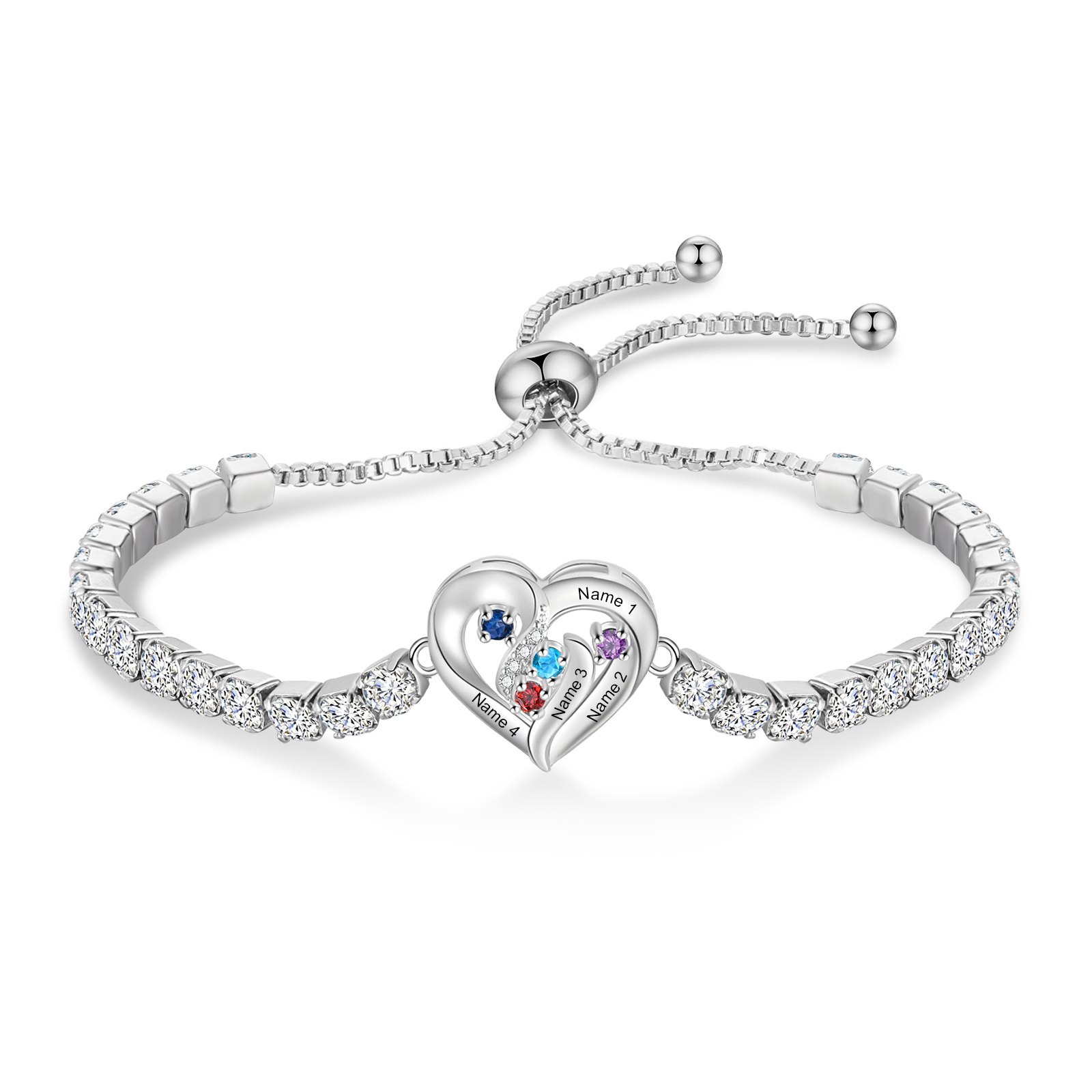 Bracciale Tennis Personalizzato con Ciondolo a Cuore, Pietra del Mese di Nascita e da 2 a 5 Nomi