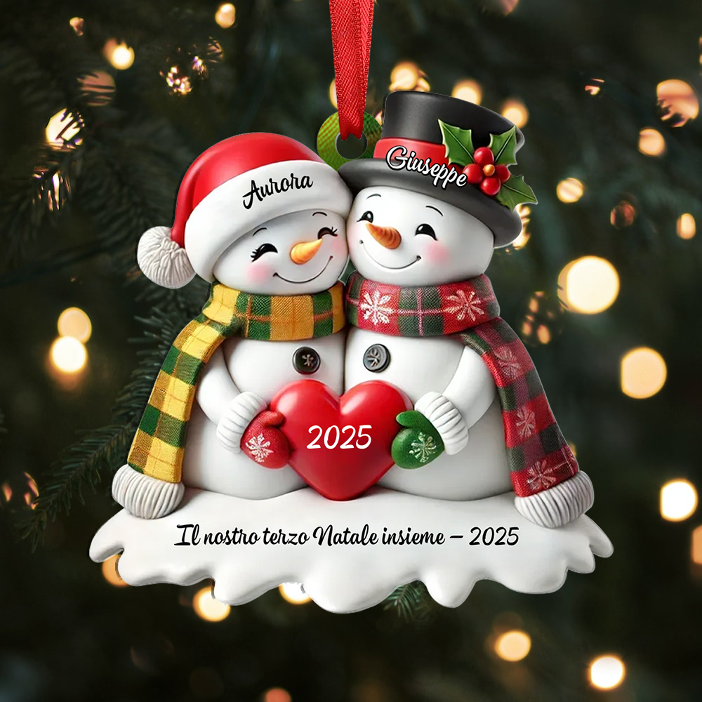 Decorazione personalizzata per albero di Natale con coppia di pupazzi di neve a forma di cuore