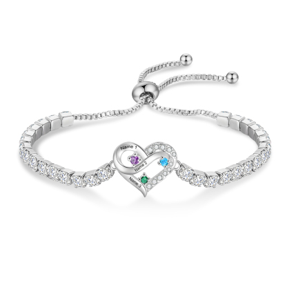 Bracciale da tennis con cuore Infinity personalizzato con 2–4 nomi e pietre di nascita