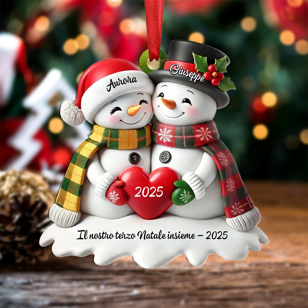Decorazione personalizzata per albero di Natale con coppia di pupazzi di neve a forma di cuore