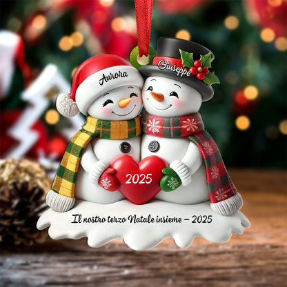 Decorazione personalizzata per albero di Natale con coppia di pupazzi di neve a forma di cuore