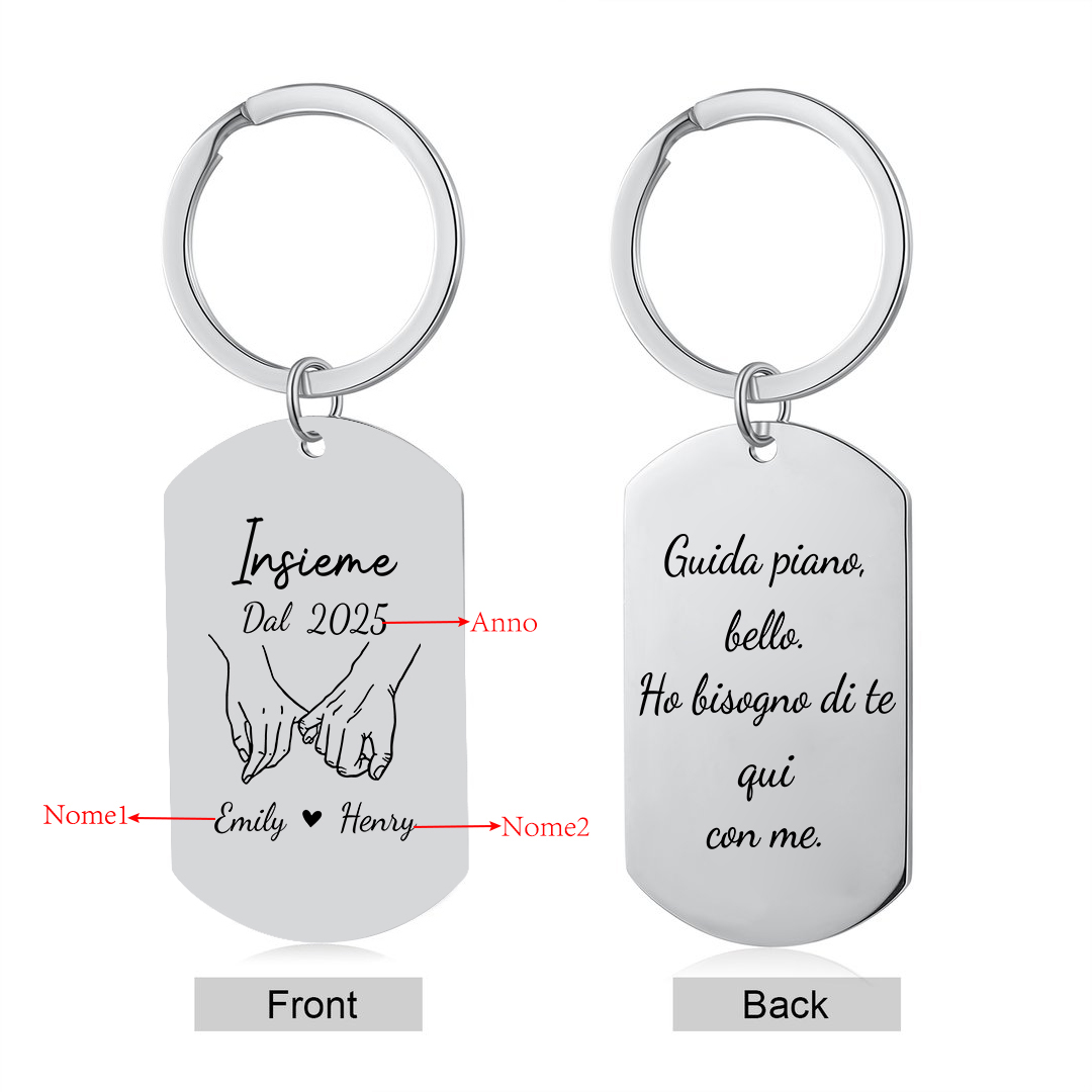 Portachiavi per coppia inciso Guida con prudenza personalizzato
