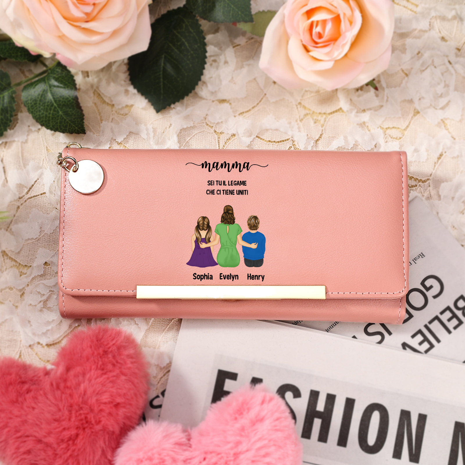 Portafoglio personalizzato in pelle per mamma con 1-6 figurine di bambini e nomi