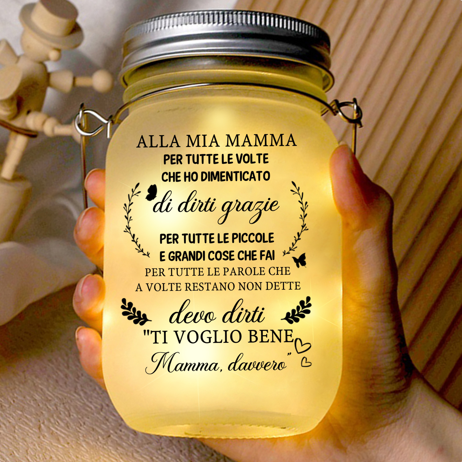 Bottiglia luminosa personalizzata con albero di famiglia, barattolo solare per ringraziare la mamma