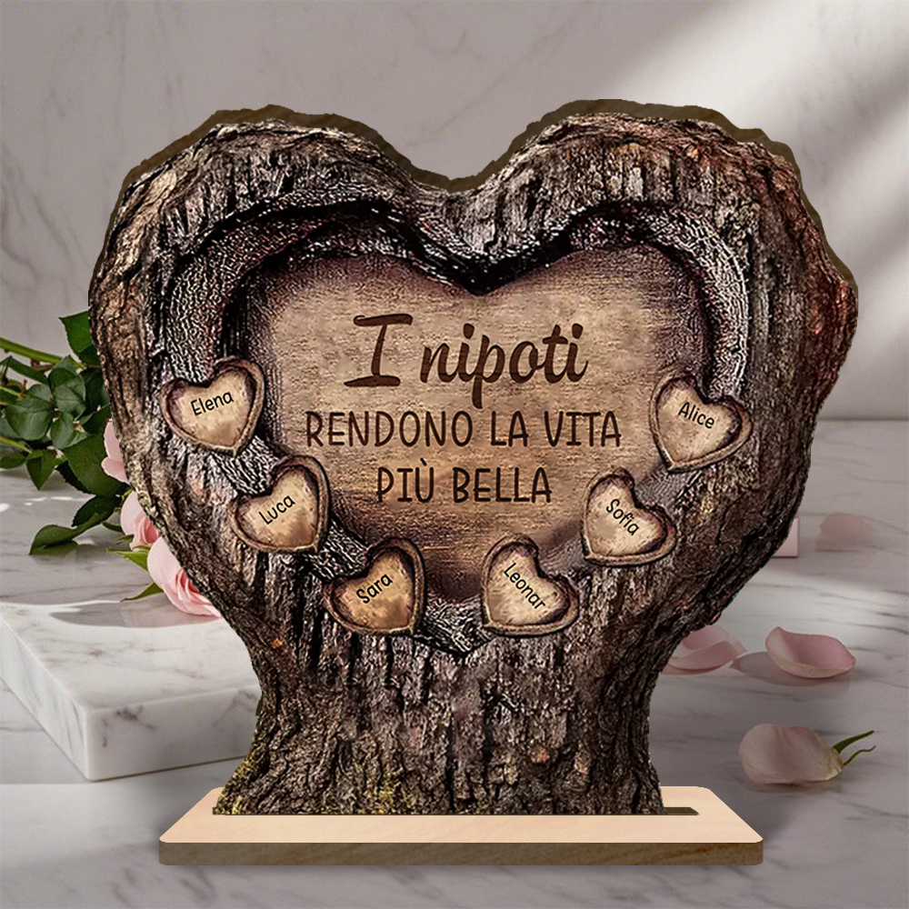 Targa in legno personalizzata a forma di cuore-tronco con i nomi dei nipoti, regalo per Nonno e Nonna