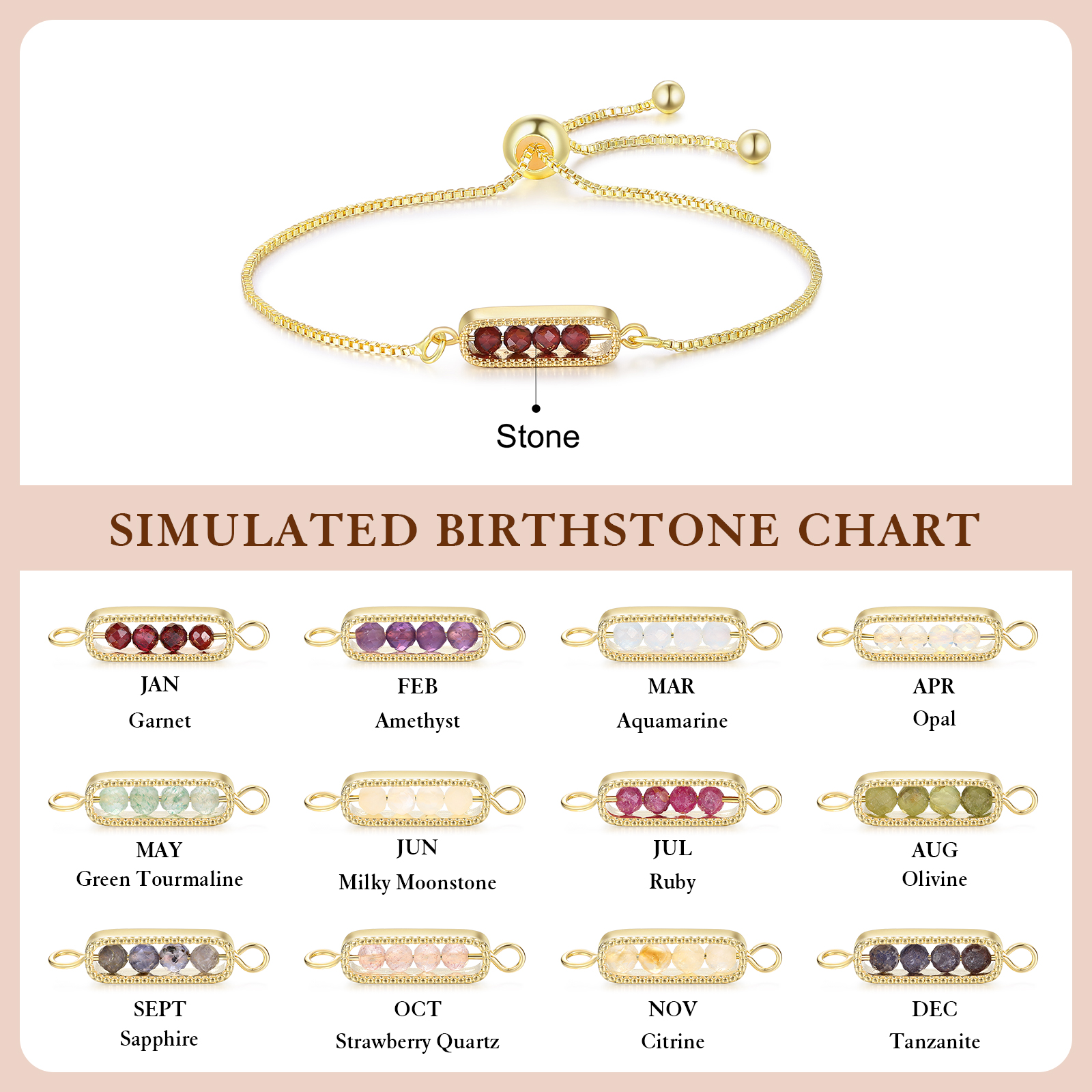Bracciale personalizzato con pietra portafortuna, regolabile dal design minimalista