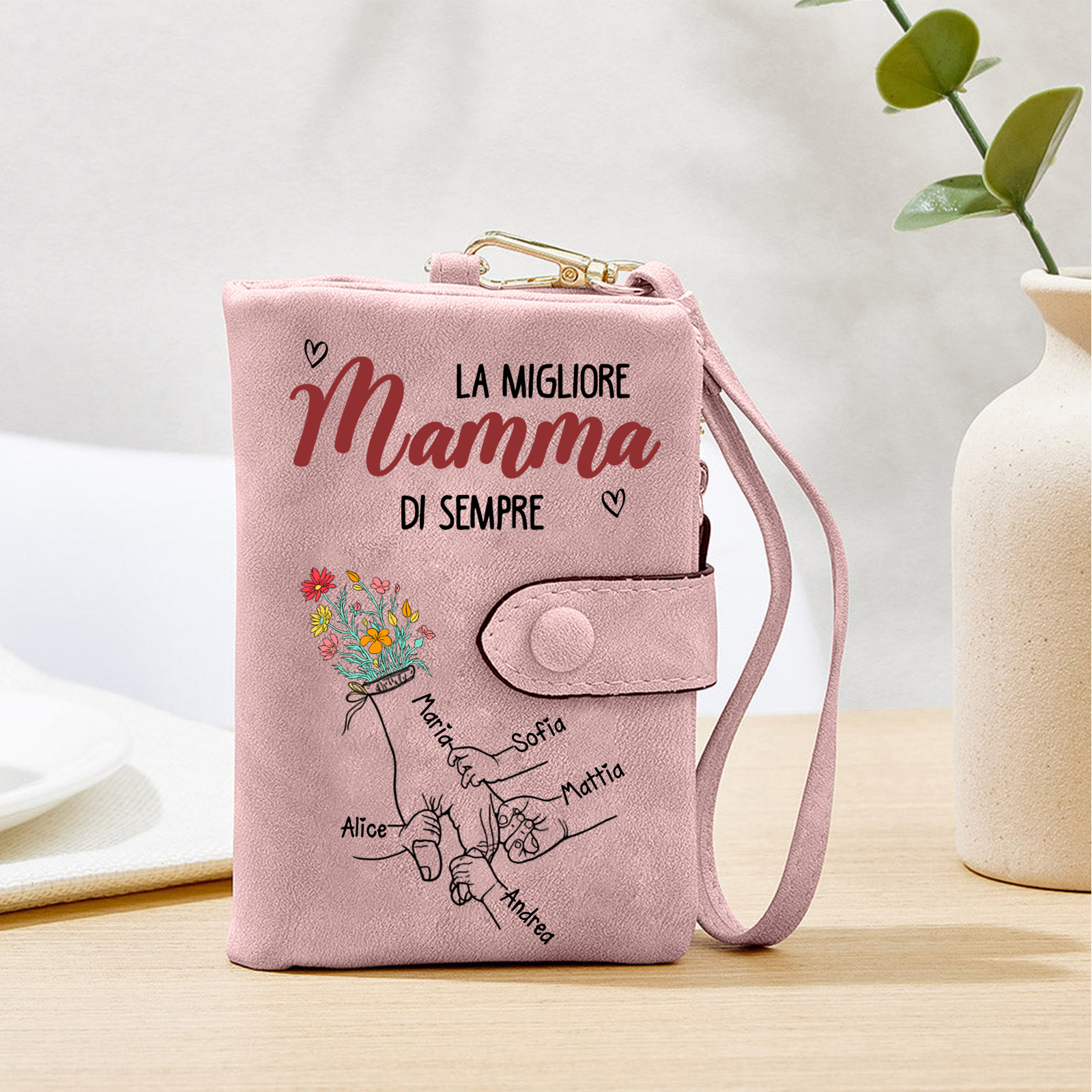 Portafoglio / Pochette Personalizzata “Migliore Mamma / Nonna del Mondo” con Nomi dei Bambini
