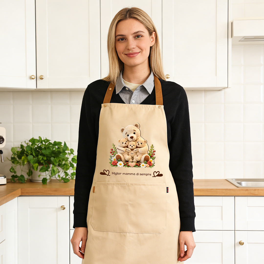 Grembiule da cucina personalizzato con tasca, personalizzabile con 1–10 nomi e orso