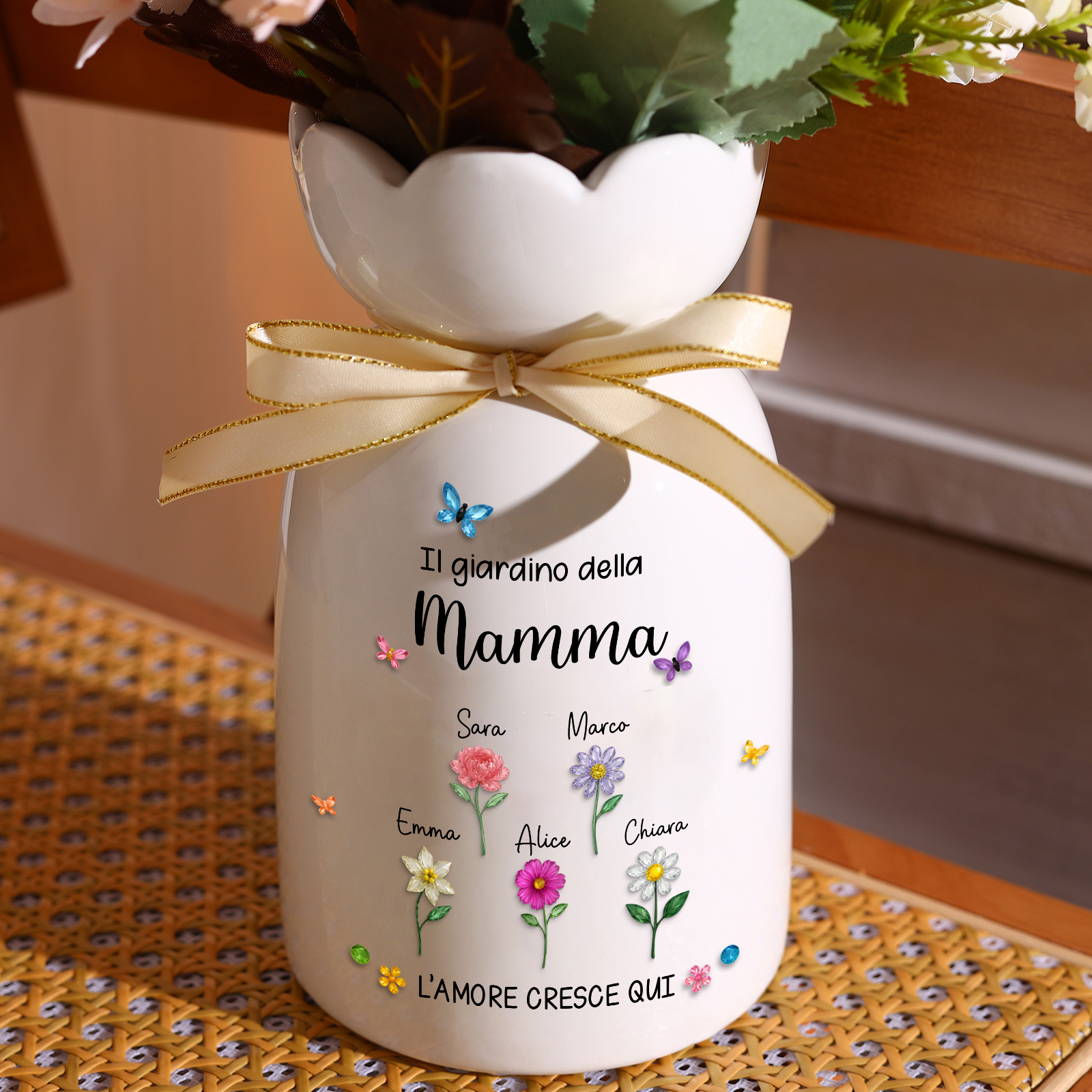 Vaso personalizzato “Il giardino della nonna” con da 1 a 10 nomi e fiori di nascita, regalo per la Festa della Mamma o per la nonna | Jessemade