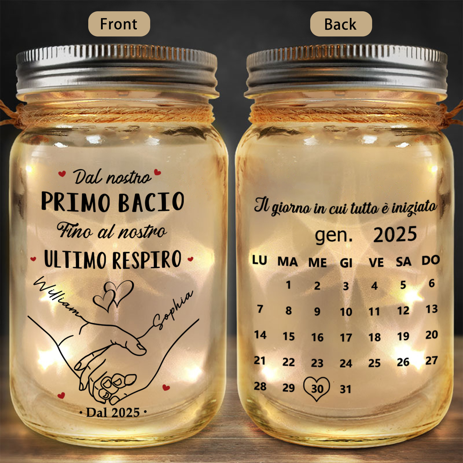 Barattolo Mason luminoso a LED personalizzato, personalizzabile con nomi e data, lampada da comodino, regalo di San Valentino o di anniversario per coppie, marito e moglie | Jessemade