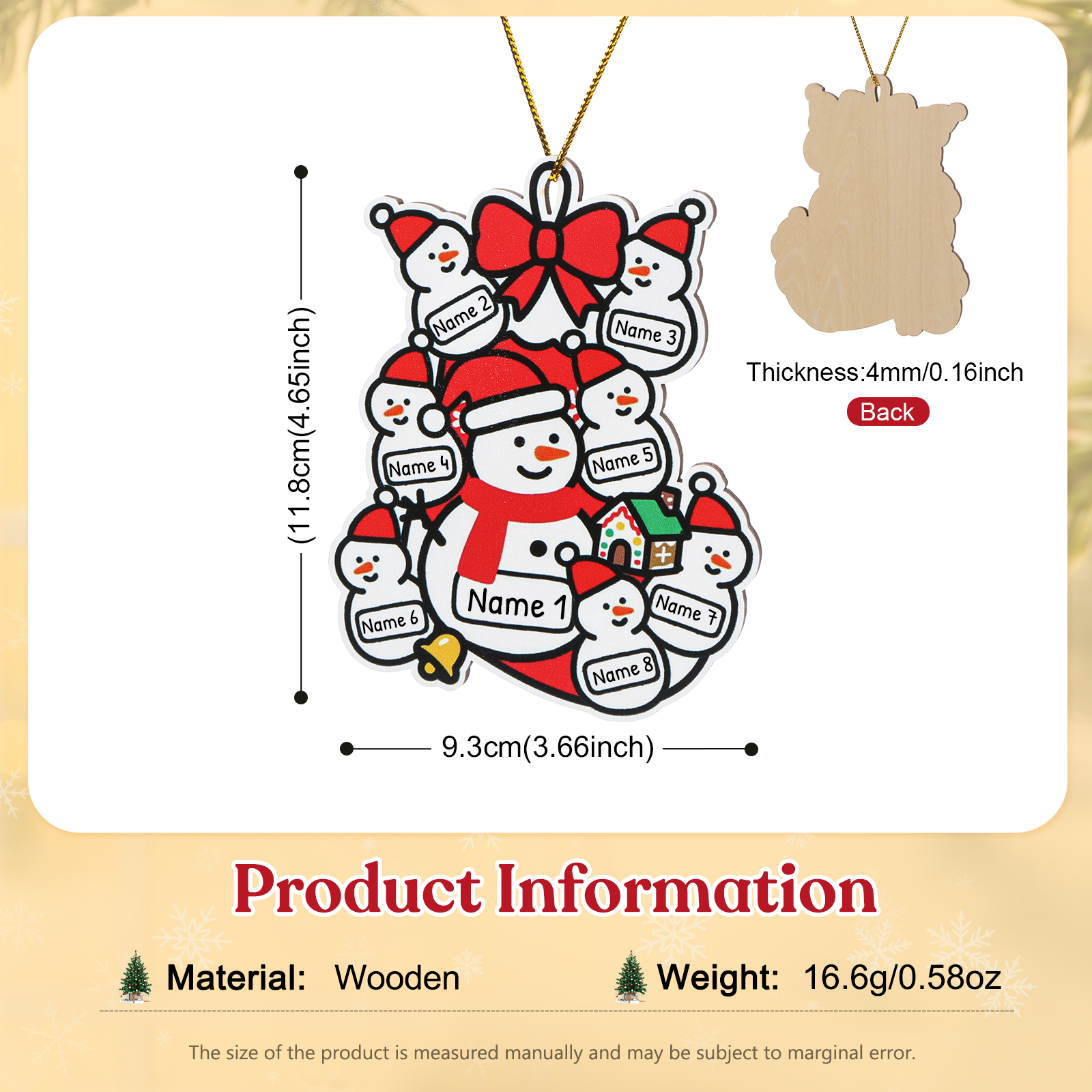 Decorazione per albero di Natale con famiglia di pupazzi di neve personalizzata con nome