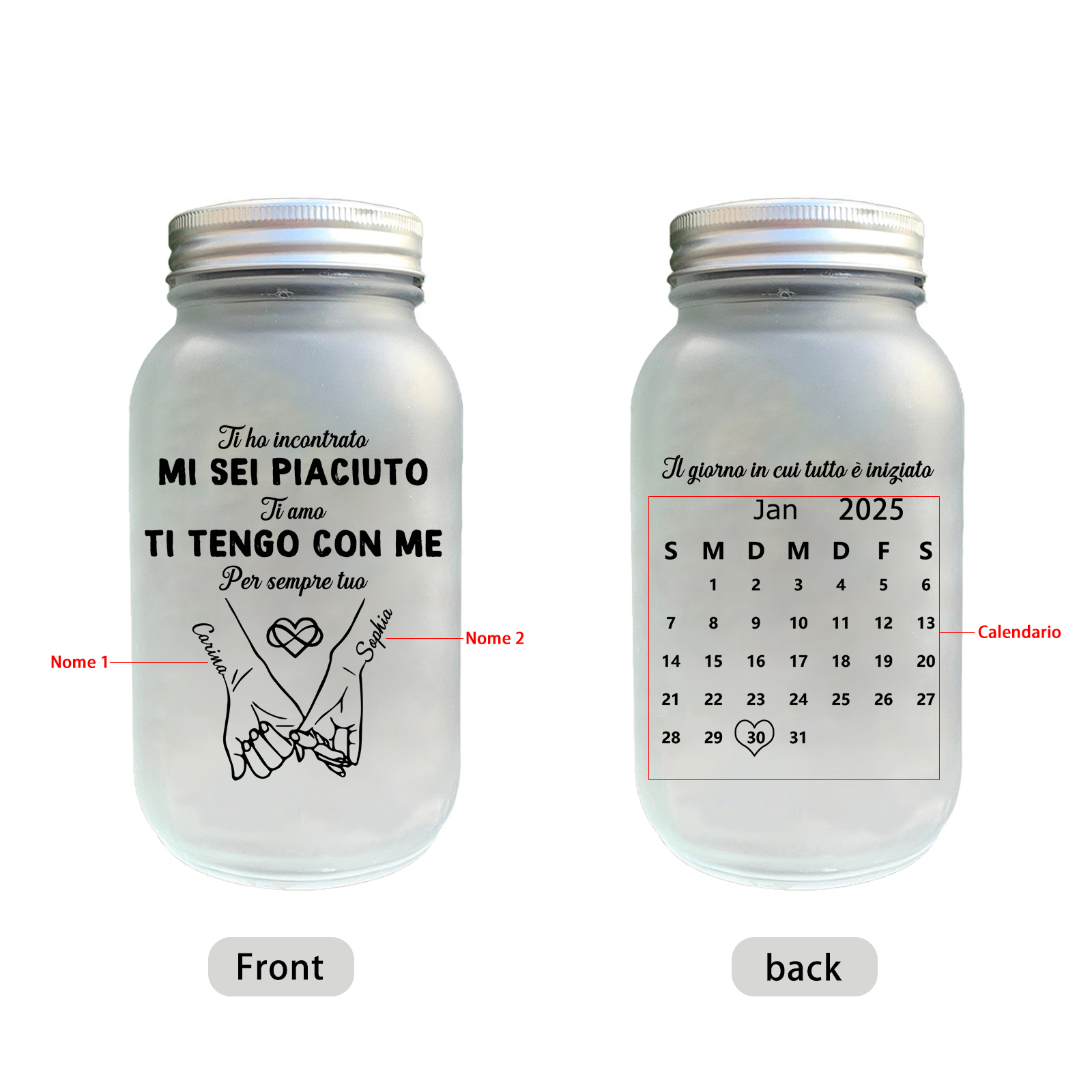Barattolo di vetro con luci LED personalizzato - regalo romantico per coppia “promessa col mignolo”