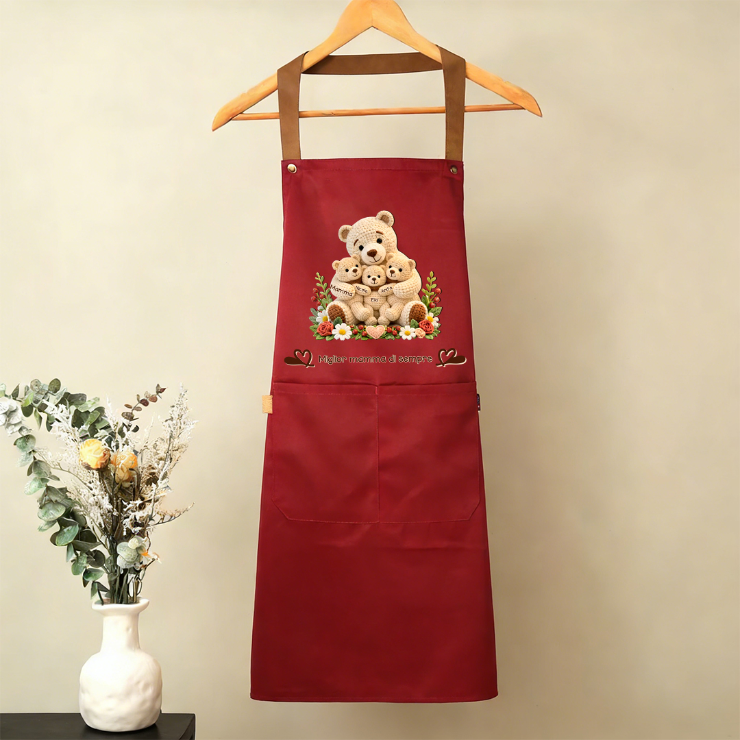 Grembiule da cucina personalizzato con tasca, personalizzabile con 1–10 nomi e orso