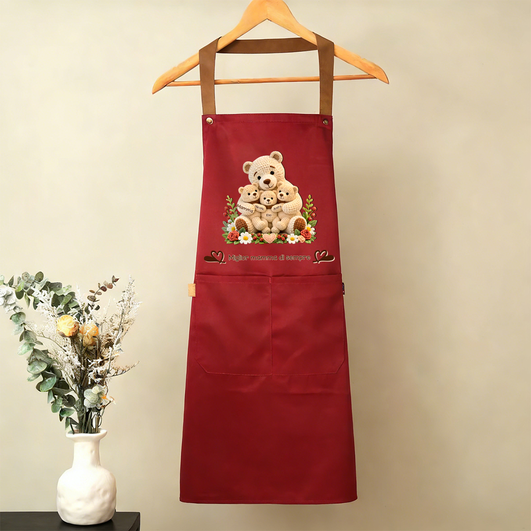 Grembiule da cucina personalizzato con tasca, personalizzabile con 1–10 nomi e orso