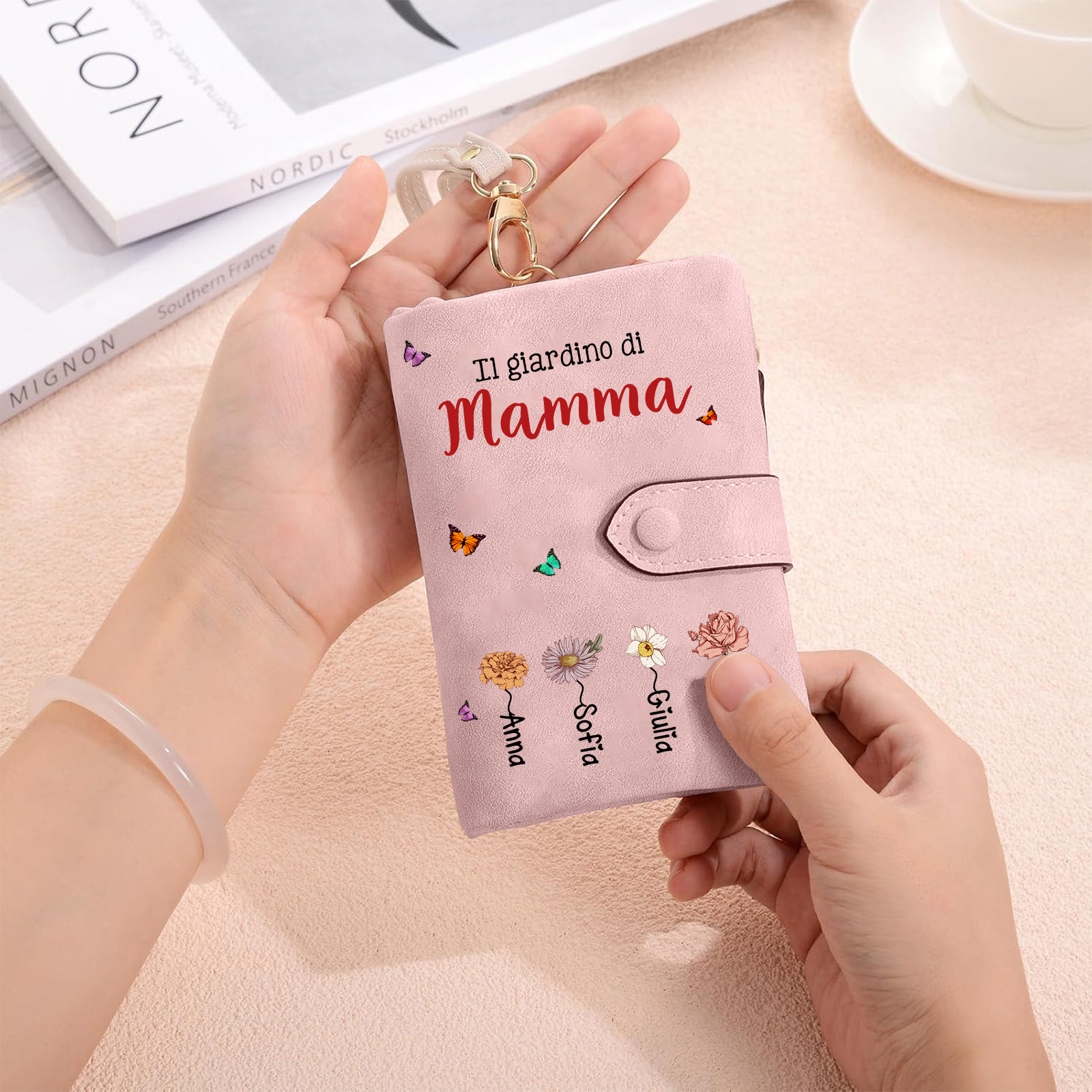 Portafoglio personalizzato “Il giardino di mamma/nonna” con fiori e nomi dei bambini – regalo per la Festa della Mamma/della Nonna