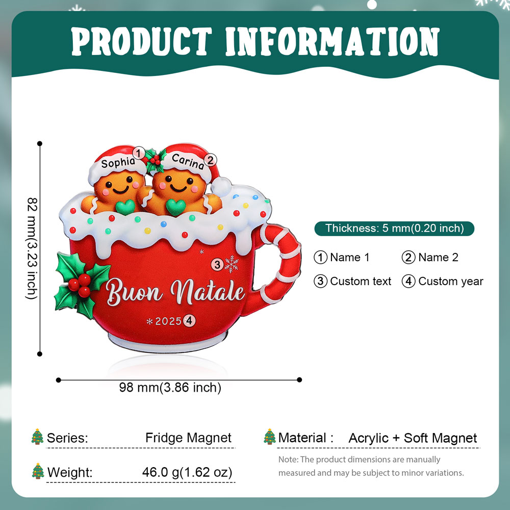 Calamita da frigorifero natalizia personalizzata a forma di tazza di pan di zenzero