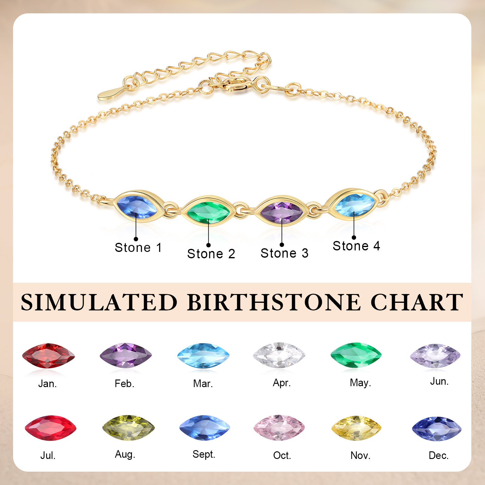 Bracciale personalizzato in argento sterling 925 con 2–5 pietre portafortuna di nascita con taglio marquise