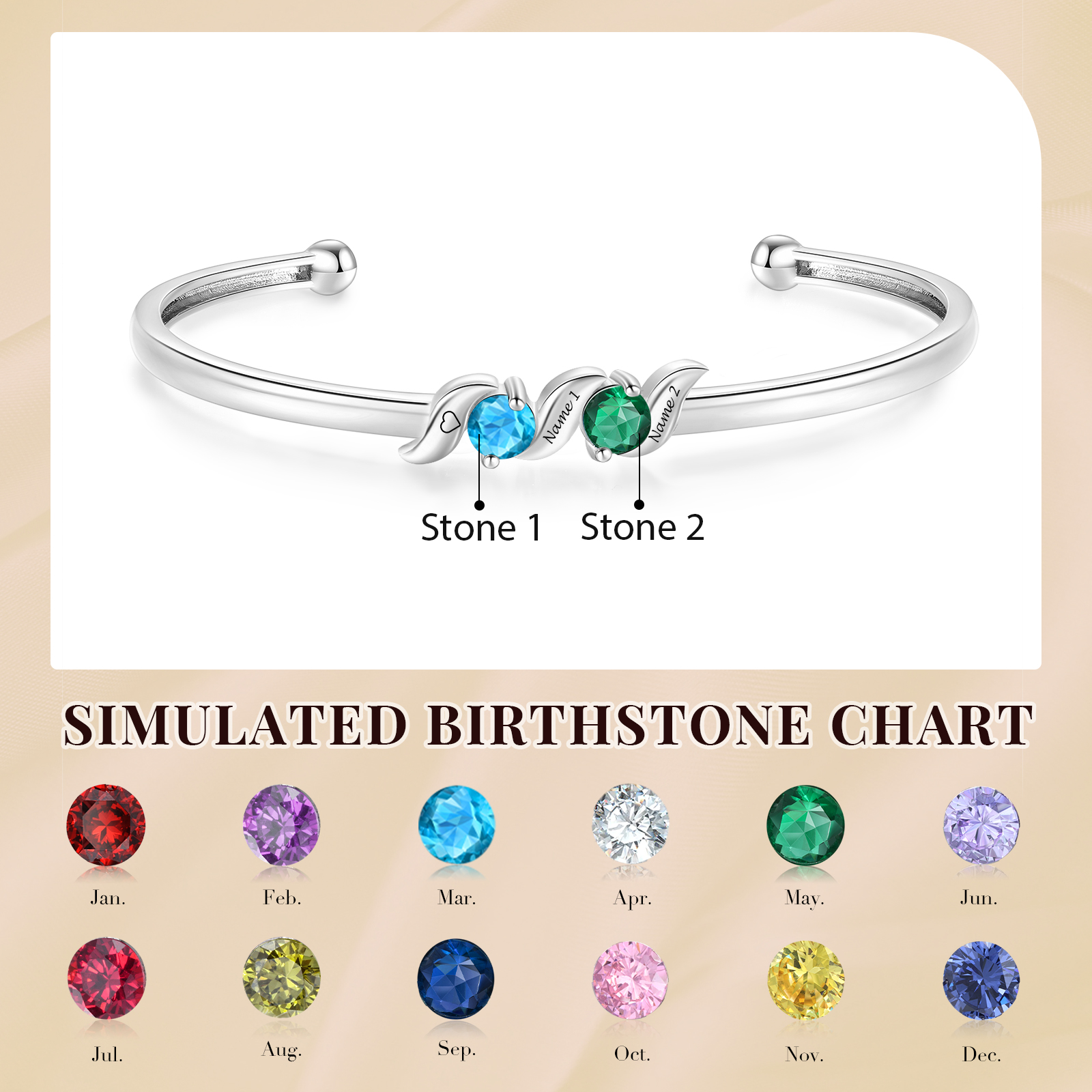Bracciale rigido da donna con pietre portafortuna personalizzato per la famiglia, con 1–5 nomi e pietre personalizzabili
