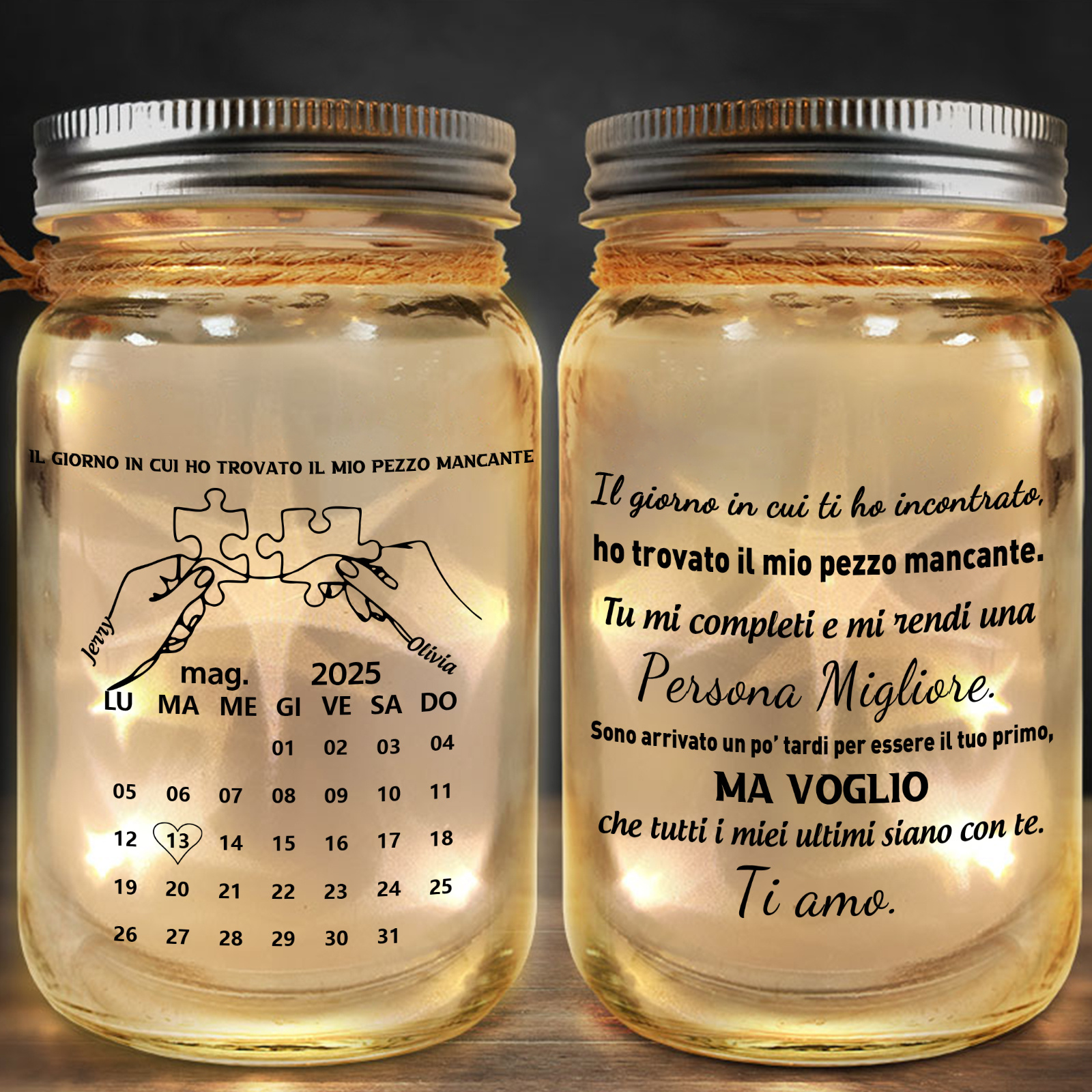 Lampada LED personalizzata in barattolo Mason, data del calendario personalizzata, regalo personalizzabile per anniversario e San Valentino per coppie | Jessemade