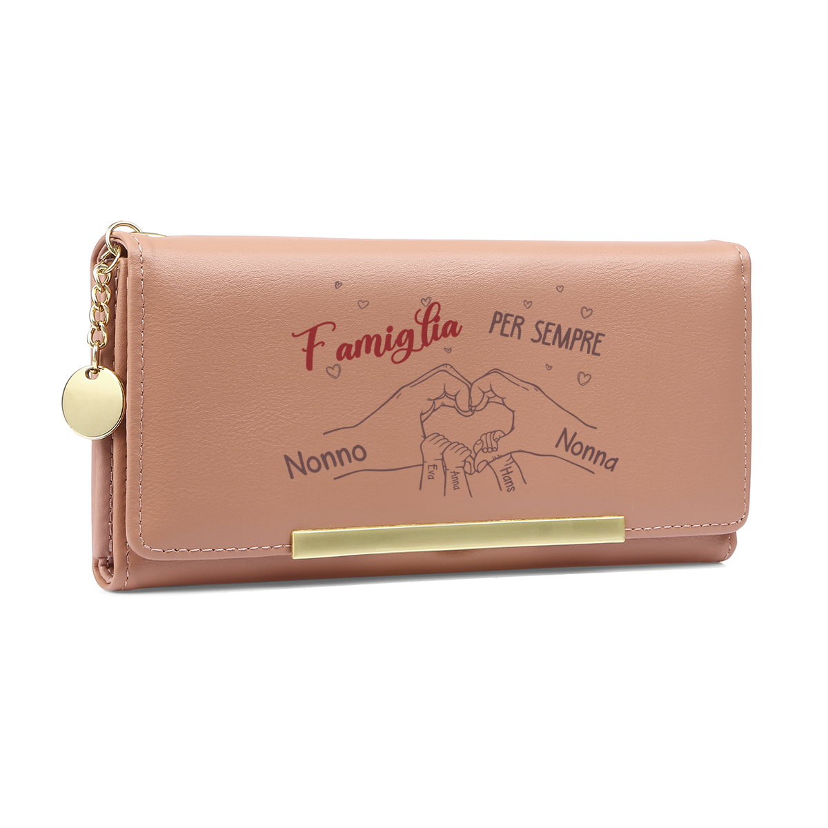 Portafoglio da donna personalizzato con un motivo raffigurante mani che formano un cuore e da 3 a 8 nomi