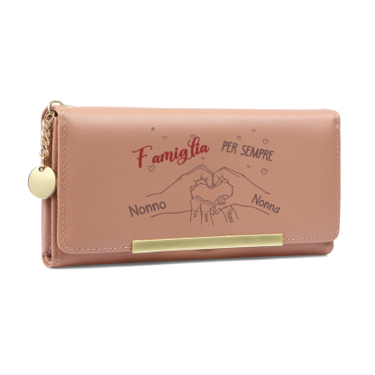 Portafoglio da donna personalizzato con un motivo raffigurante mani che formano un cuore e da 3 a 8 nomi