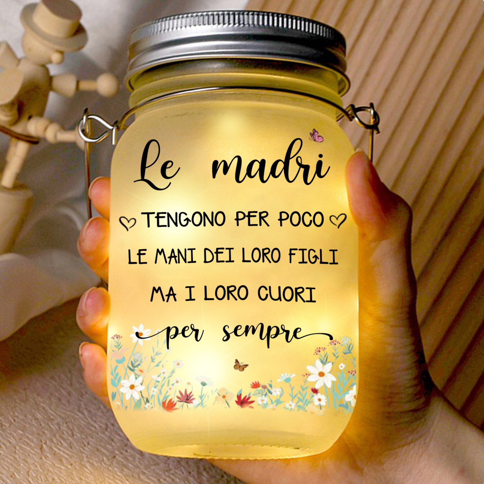 Bottiglia luminosa solare personalizzata mano nella mano barattolo in vetro per la mamma