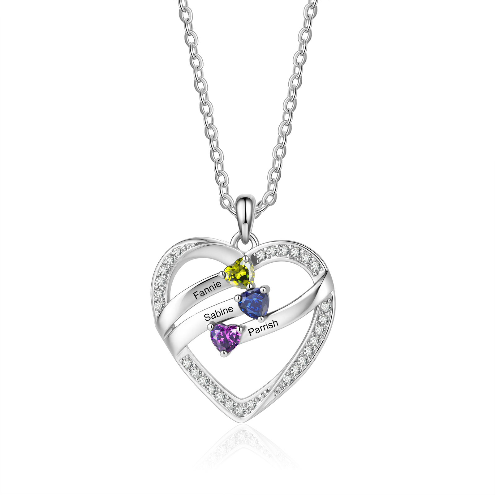 Collana a cuore personalizzata con pietre di nascita, incisa con 3–5 nomi di bambini