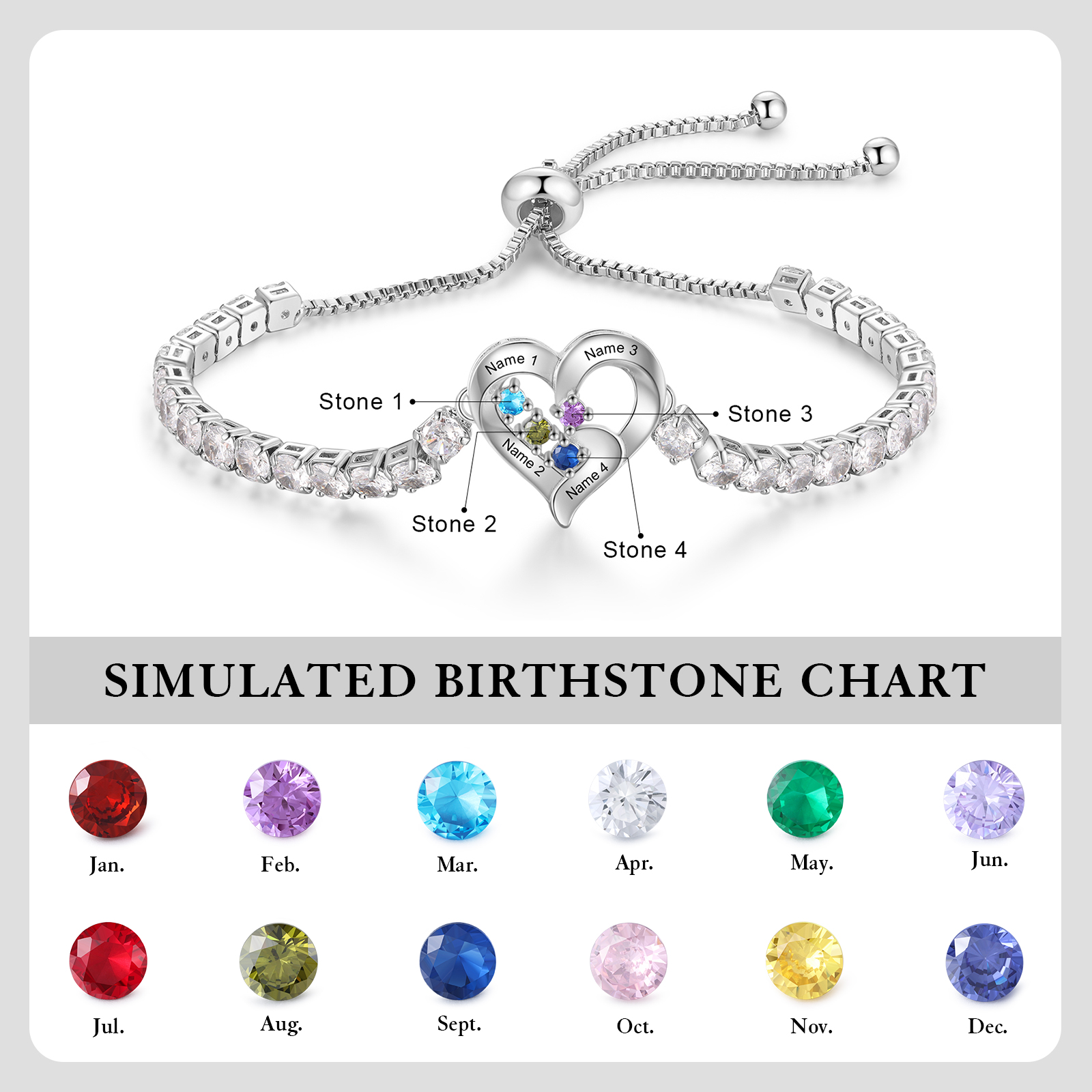 Bracciale Cuore ornato di zirconia cubica con Pietre di nascita e Nomi