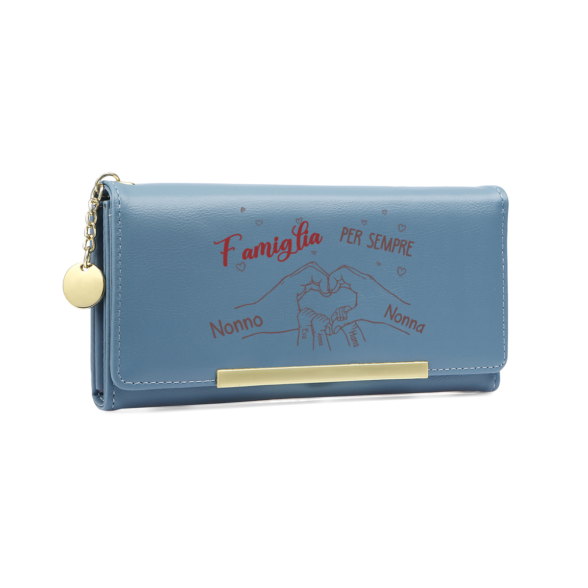 Portafoglio da donna personalizzato con un motivo raffigurante mani che formano un cuore e da 3 a 8 nomi
