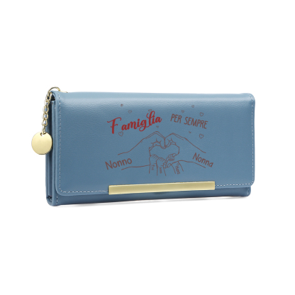 Portafoglio da donna personalizzato con un motivo raffigurante mani che formano un cuore e da 3 a 8 nomi