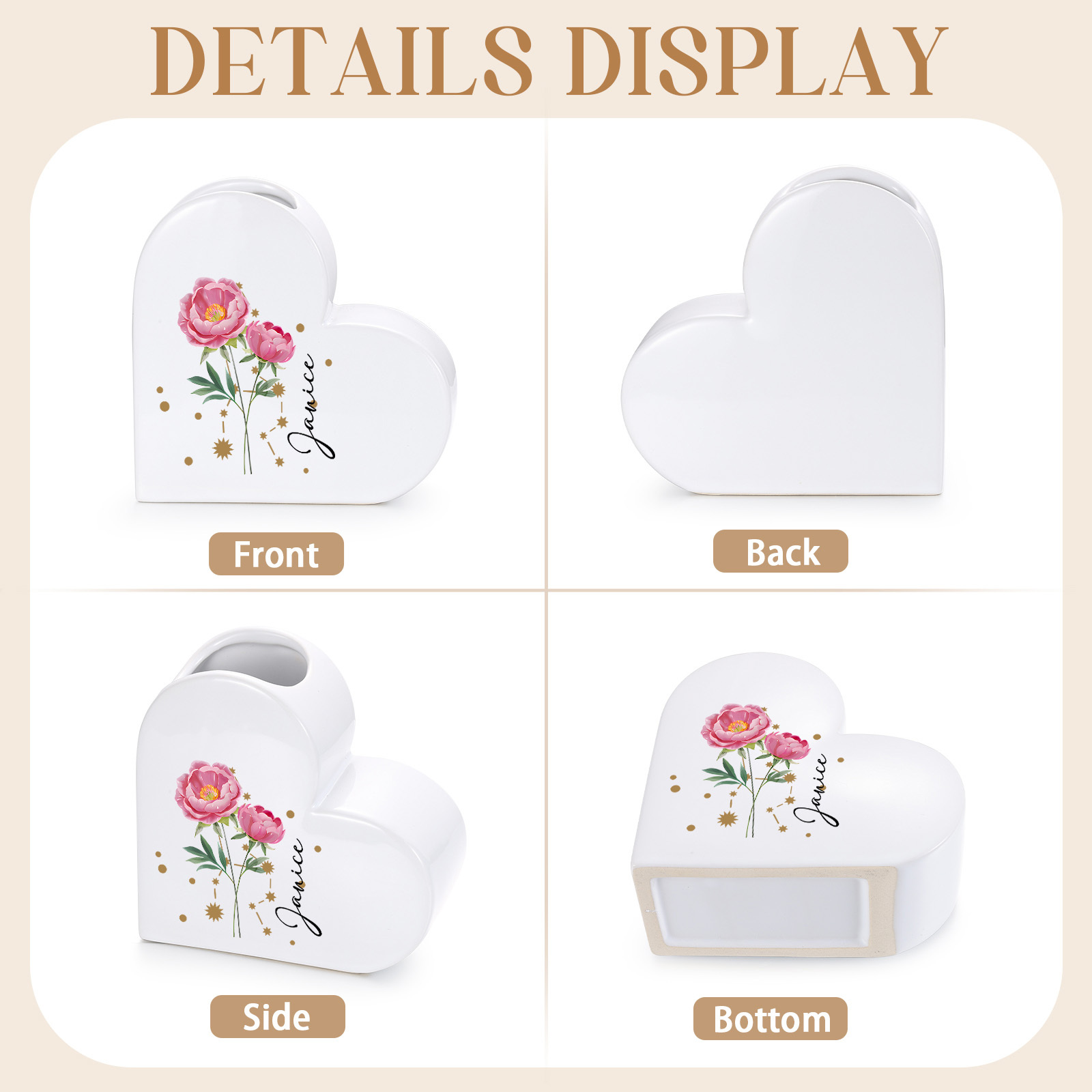 Vaso Cuore in ceramica personalizzato con fiori della nascita e segni zodiacali