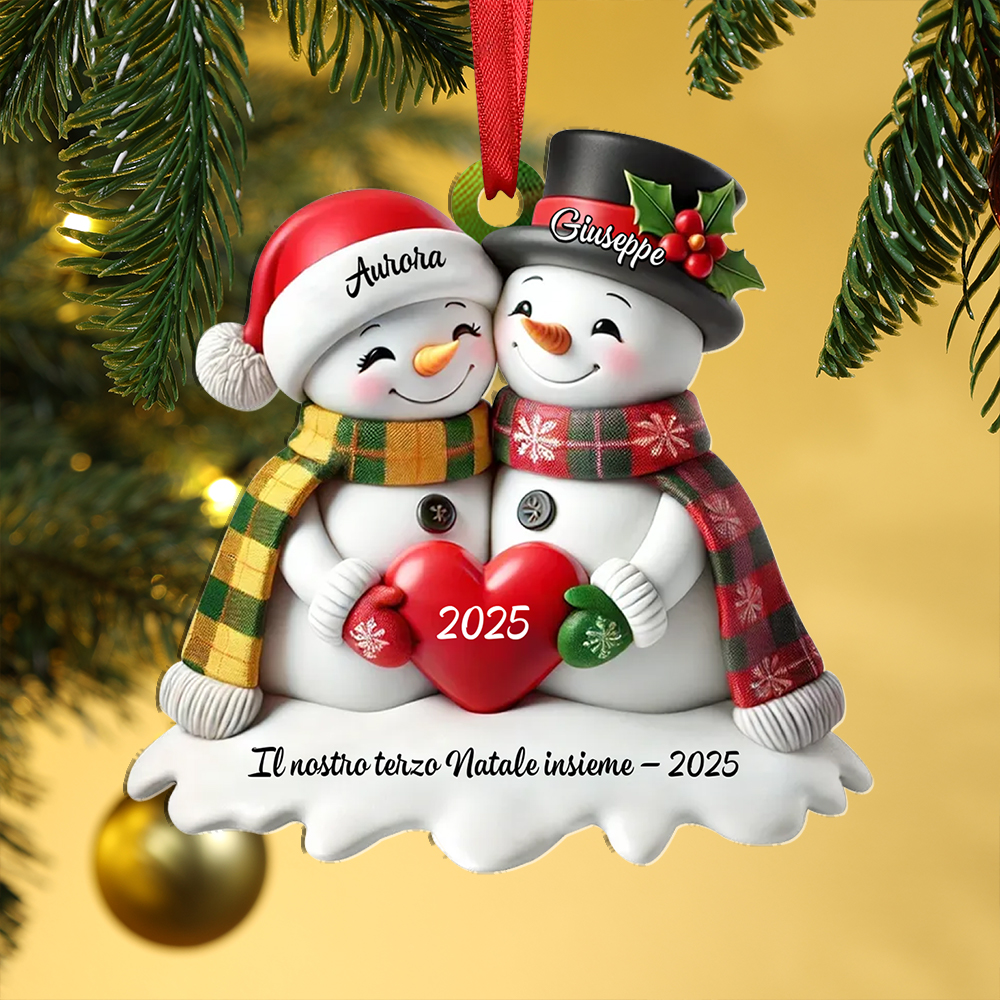 Decorazione personalizzata per albero di Natale con coppia di pupazzi di neve a forma di cuore